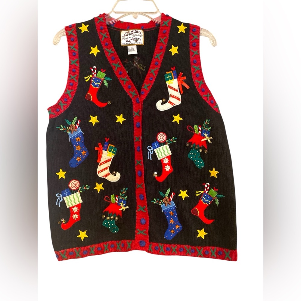 Festive Black Cardigan with Colorful Stockings